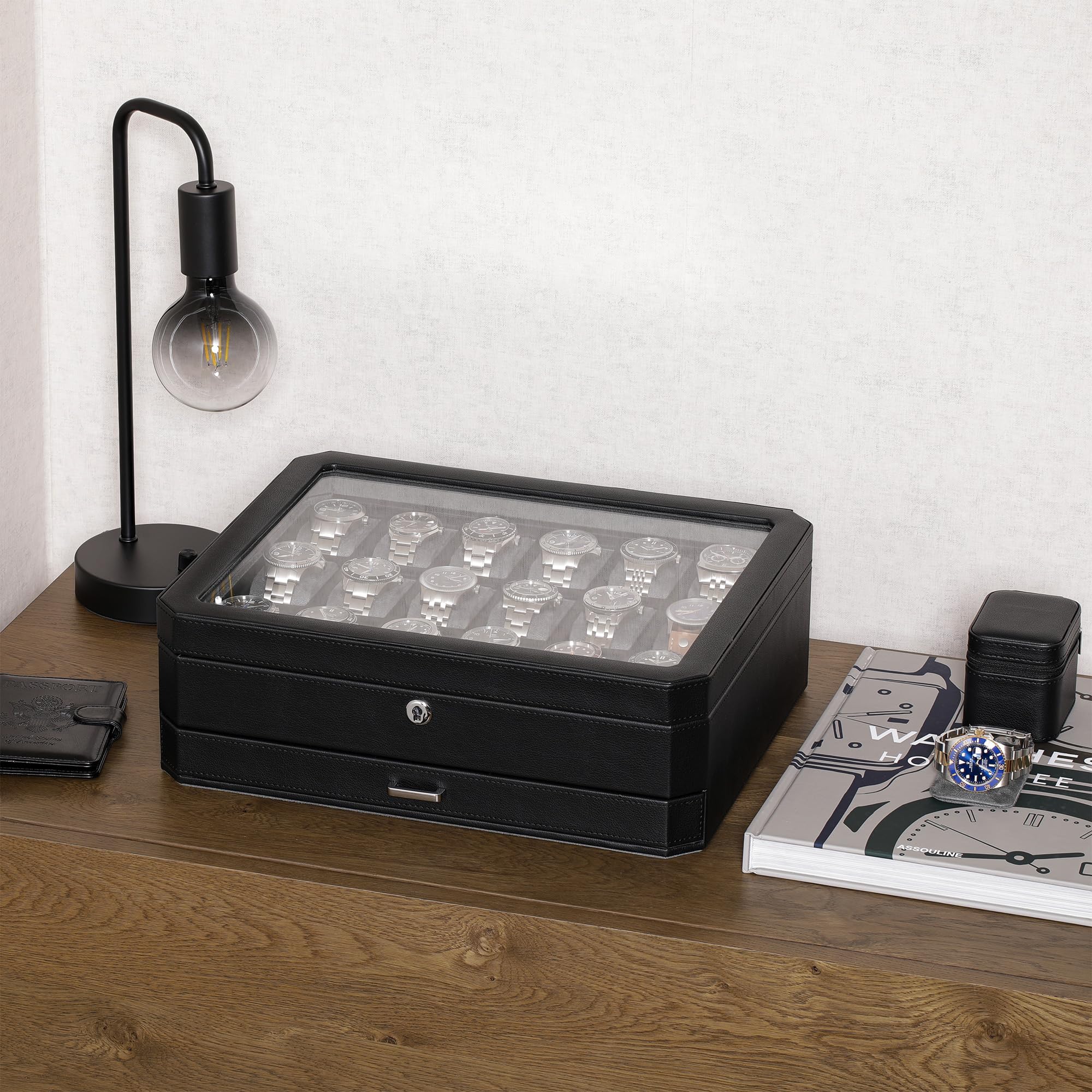 ROTHWELL 18 Slot Watch Case with Drawer (Black/Grey)