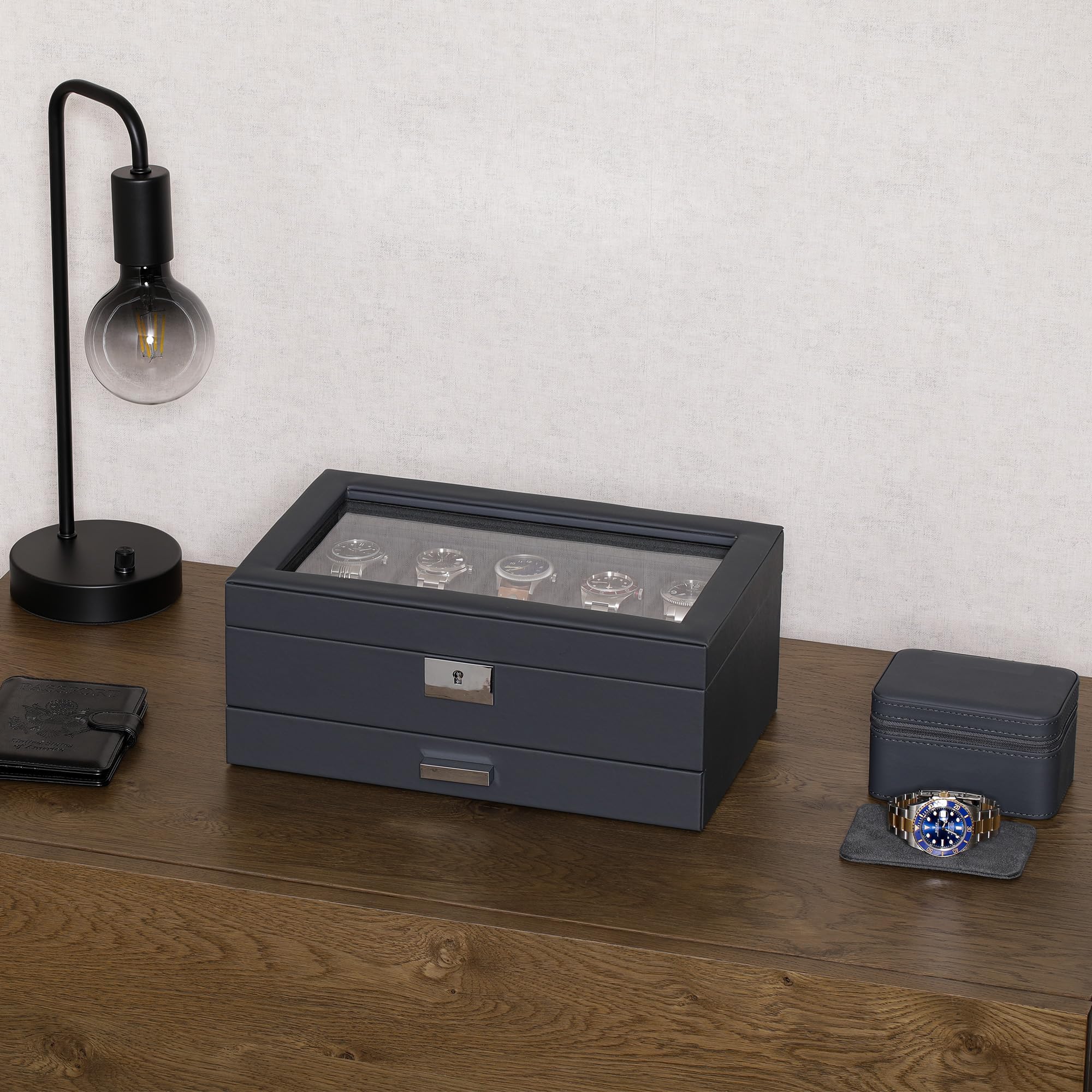 ROTHWELL 10 Slot Watch Box with Valet Drawer (Carbon)