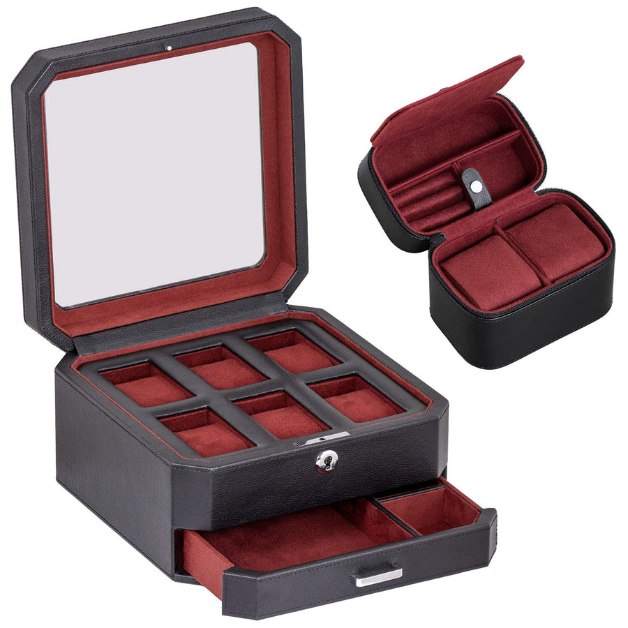 ROTHWELL Gift Set 6 Slot Leather Watch Box and 2 Watch Travel Case (Black/Red)