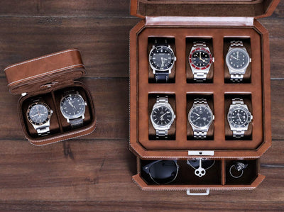 ROTHWELL Gift Set 6 Slot Watch Box and 2 Watch Travel Case (Tan/Brown)