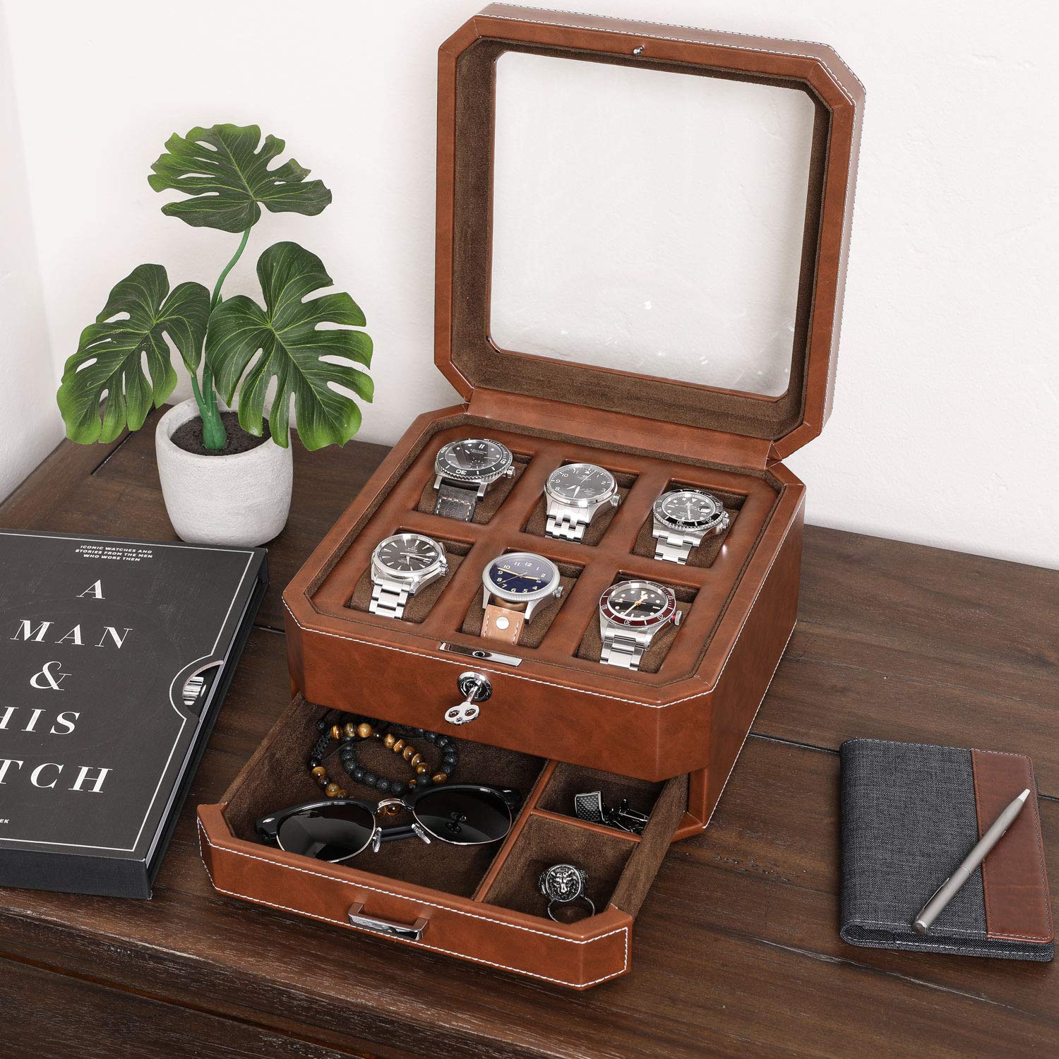 ROTHWELL Gift Set 6 Slot Watch Box and 2 Watch Travel Case (Tan/Brown)