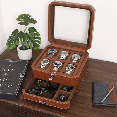 ROTHWELL Gift Set 6 Slot Watch Box and 2 Watch Travel Case (Tan/Brown)