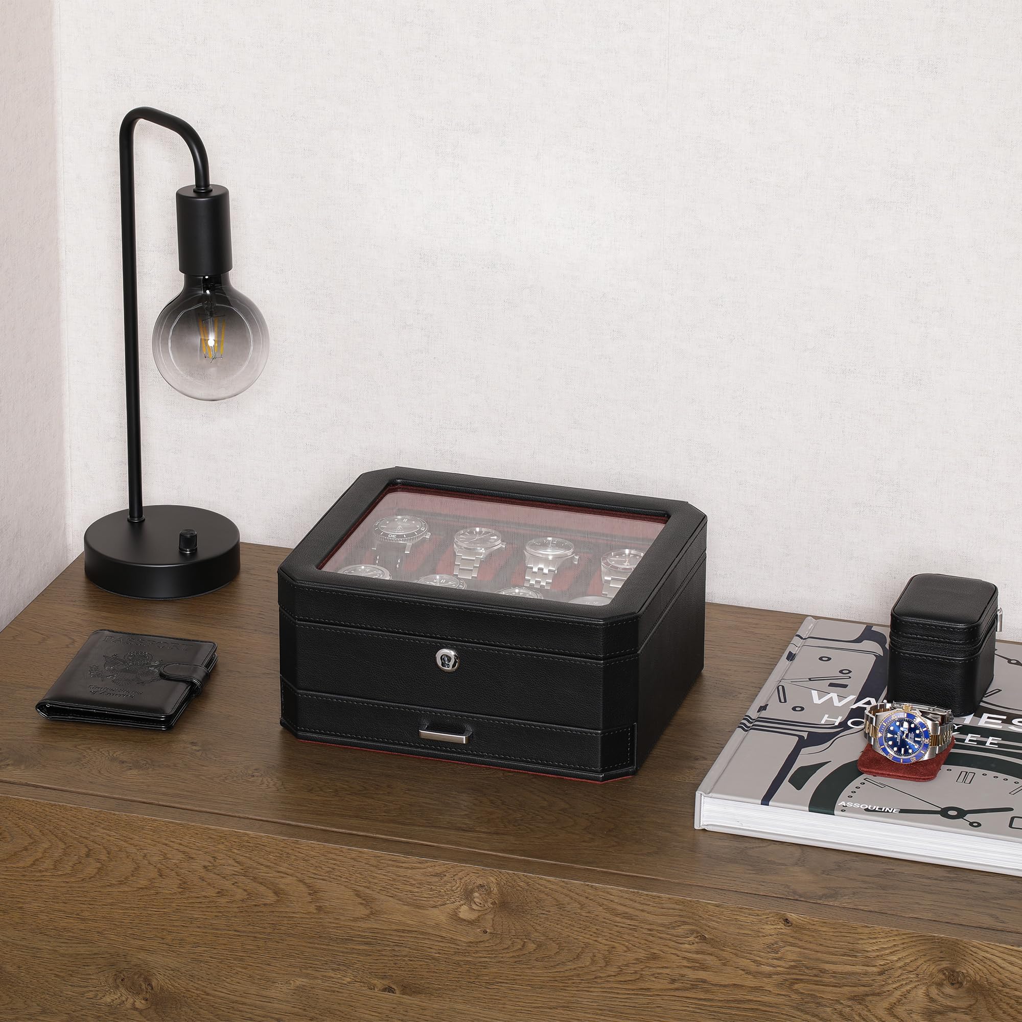 ROTHWELL 8 Slot Watch Box with Valet Drawer (Black/Red)