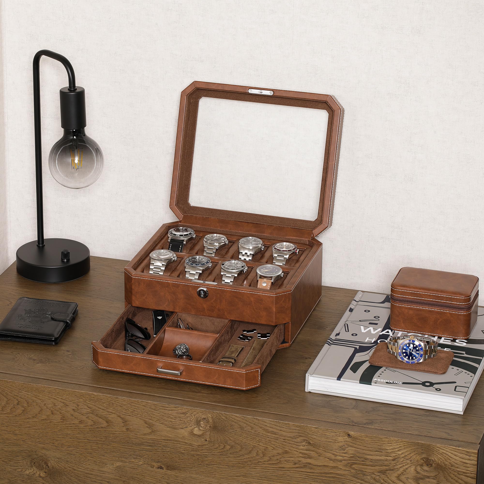 ROTHWELL 8 Slot Leather Watch Box with Valet Drawer (Tan/Brown)