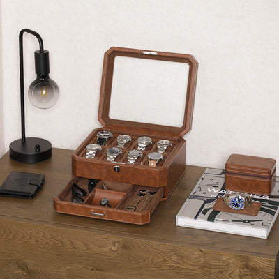 ROTHWELL 8 Slot Leather Watch Box with Valet Drawer (Tan/Brown)