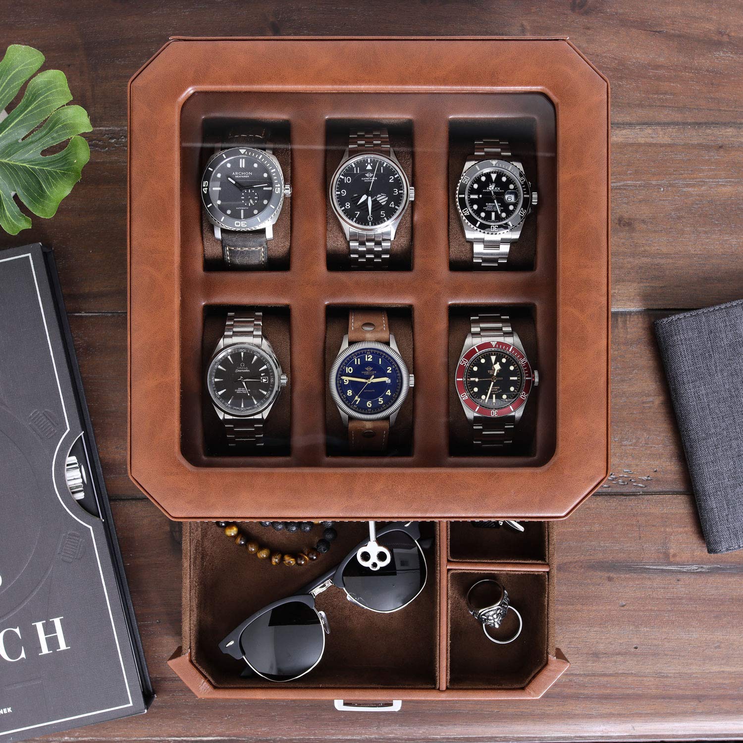ROTHWELL Gift Set 6 Slot Watch Box and 2 Watch Travel Case (Tan/Brown)
