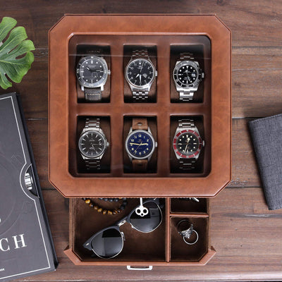 ROTHWELL Gift Set 6 Slot Watch Box and 2 Watch Travel Case (Tan/Brown)