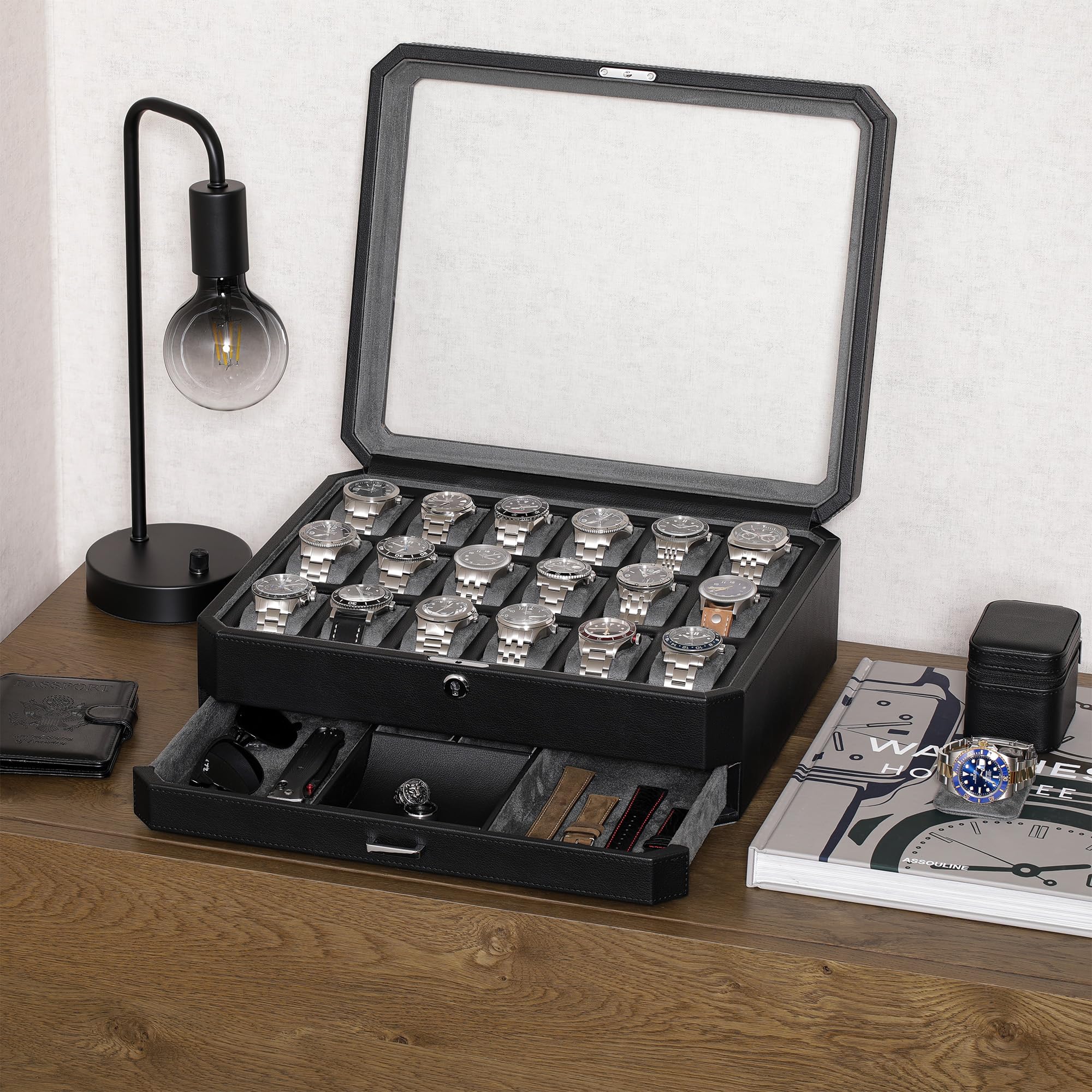 ROTHWELL 18 Slot Watch Case with Drawer (Black/Grey)