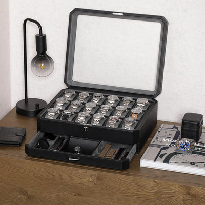 ROTHWELL 18 Slot Watch Case with Drawer (Black/Grey)
