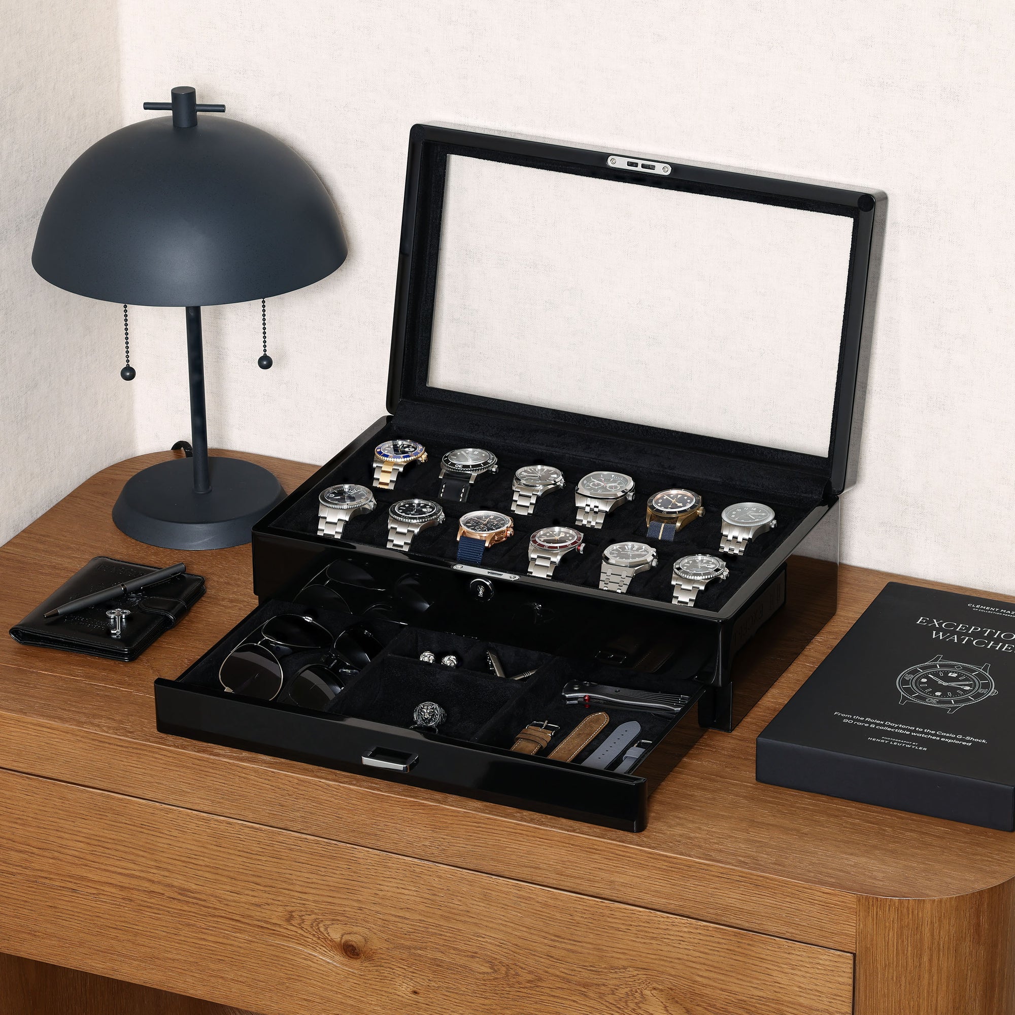 ROTHWELL 12 Slot Watch Case with Drawer (Piano Black)