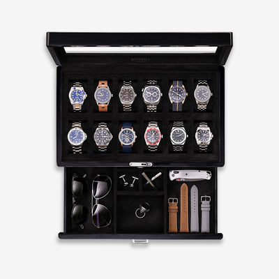 ROTHWELL 12 Slot Watch Case with Drawer (Piano Black)