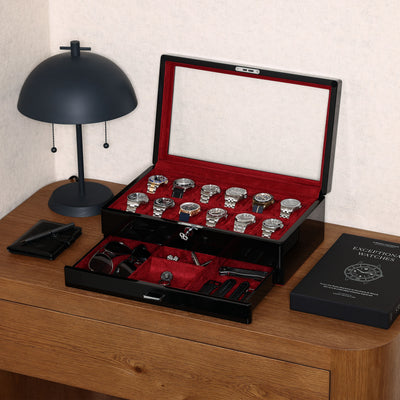 ROTHWELL 12 Slot Watch Case with Drawer (Piano / Red)