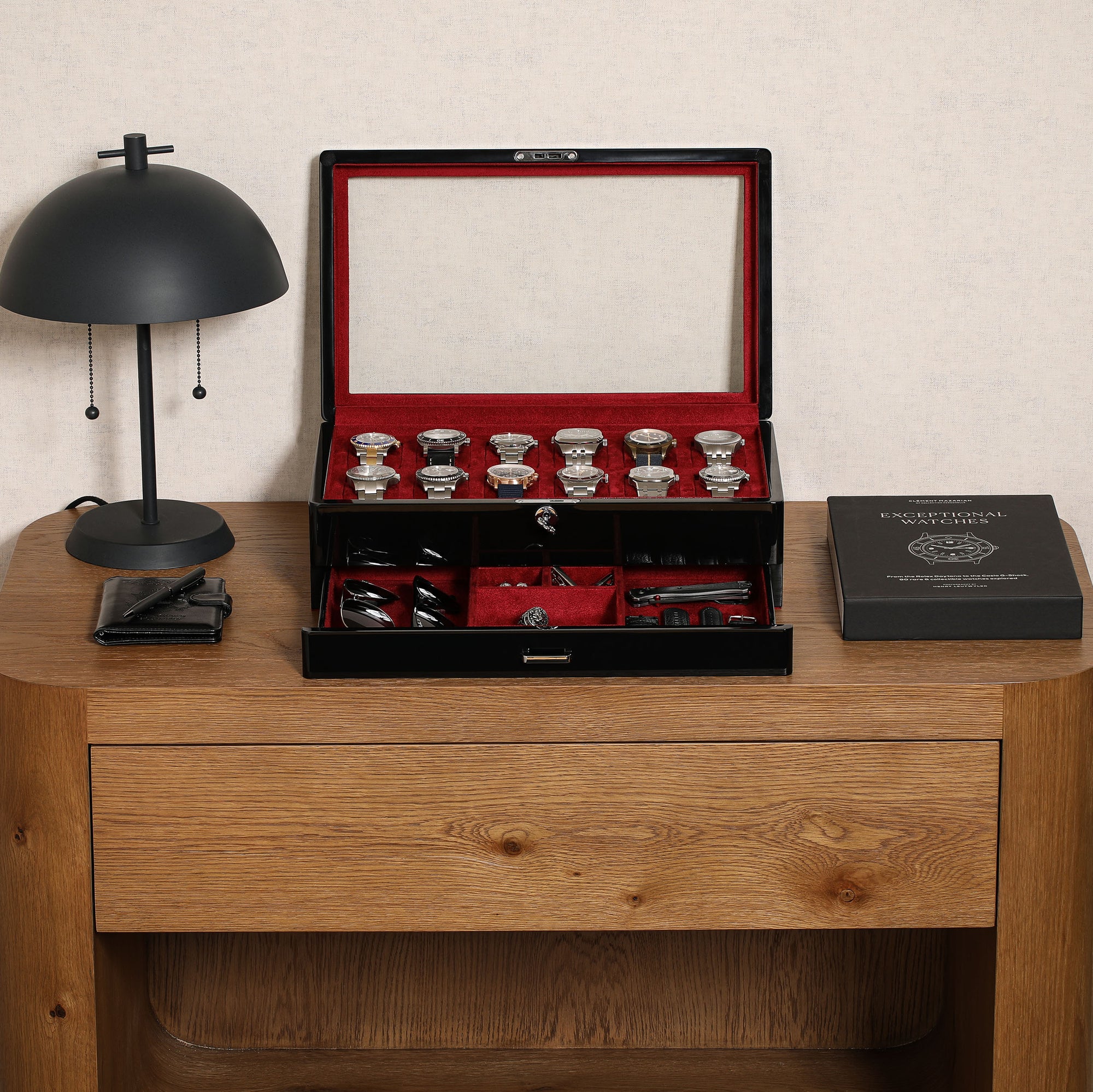 ROTHWELL 12 Slot Watch Case with Drawer (Piano / Red)