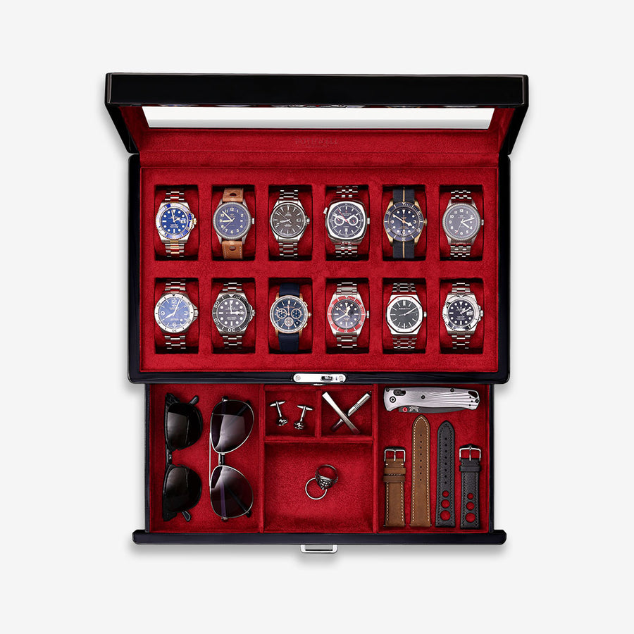 ROTHWELL 12 Slot Watch Case with Drawer (Piano / Red)