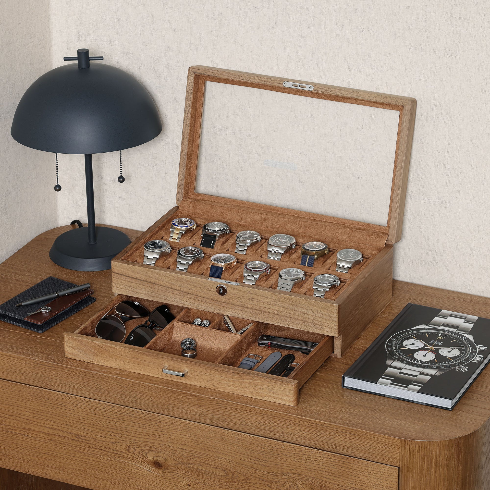 ROTHWELL 12 Slot Watch Case with Drawer (Walnut / Tan)