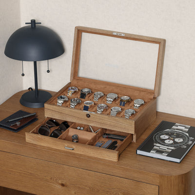 ROTHWELL 12 Slot Watch Case with Drawer (Walnut / Tan)