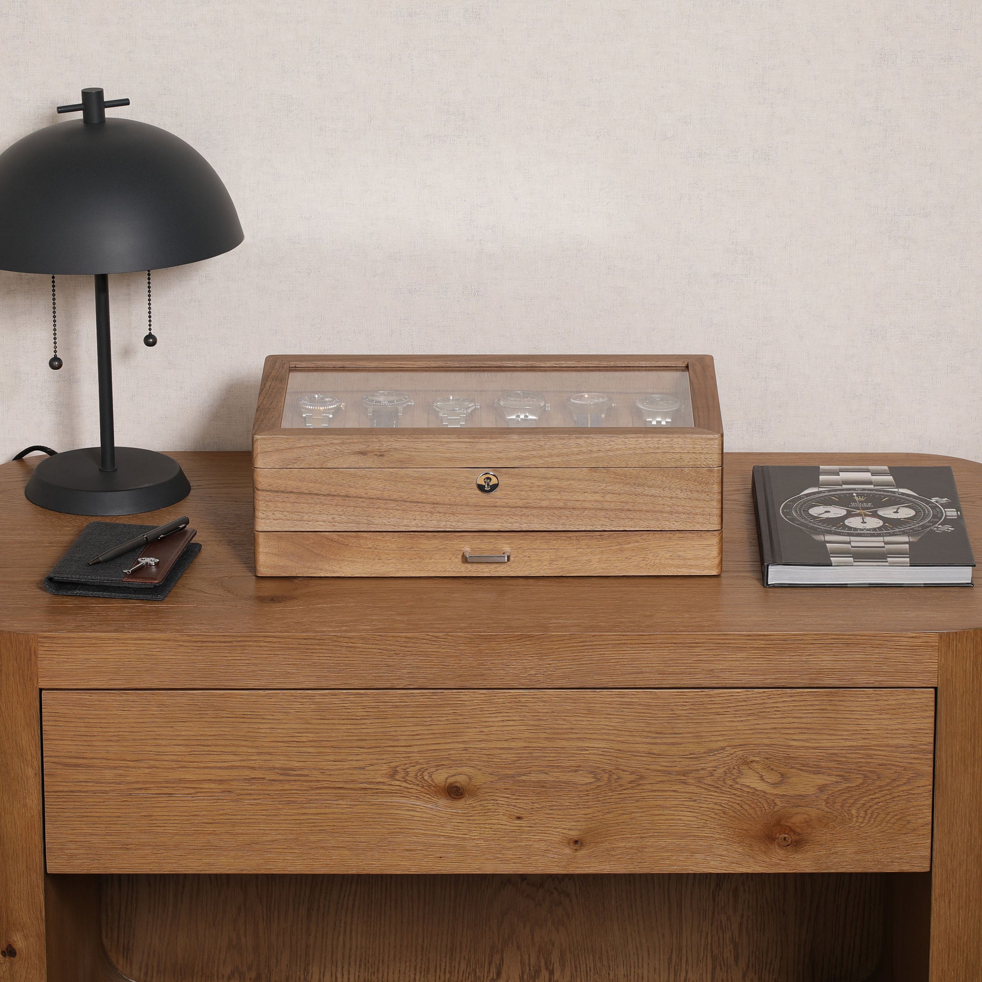 ROTHWELL 12 Slot Watch Case with Drawer (Walnut / Tan)