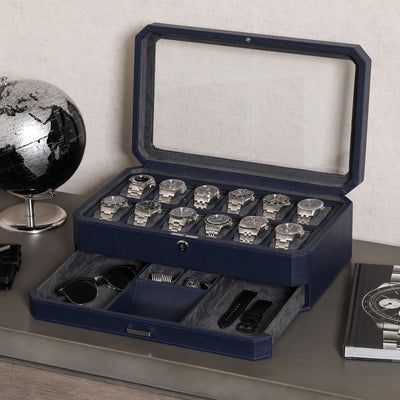 12 Slot Watch Box with Drawer (Dark Blue / Grey)