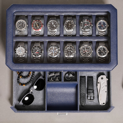 12 Slot Watch Box with Drawer (Dark Blue / Grey)