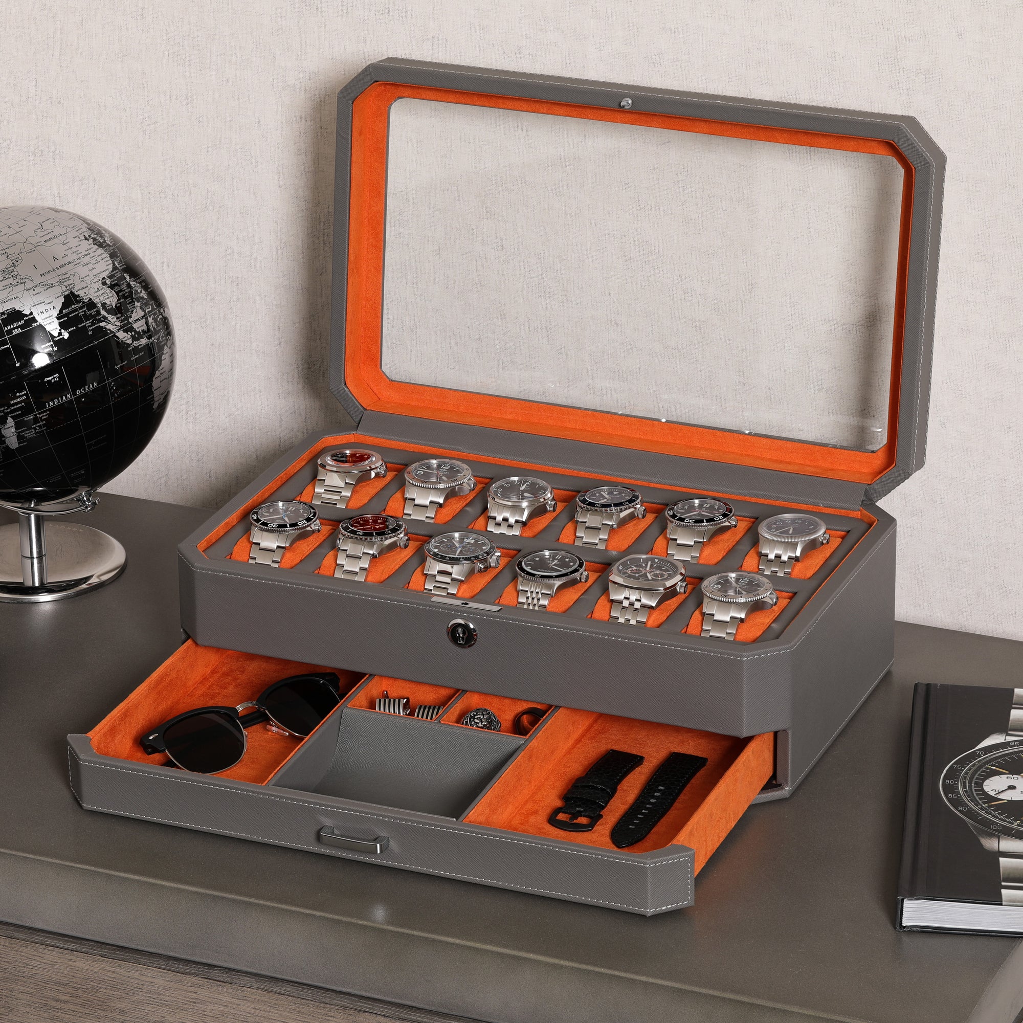 12 Slot Watch Box with Drawer (Grey / Orange)