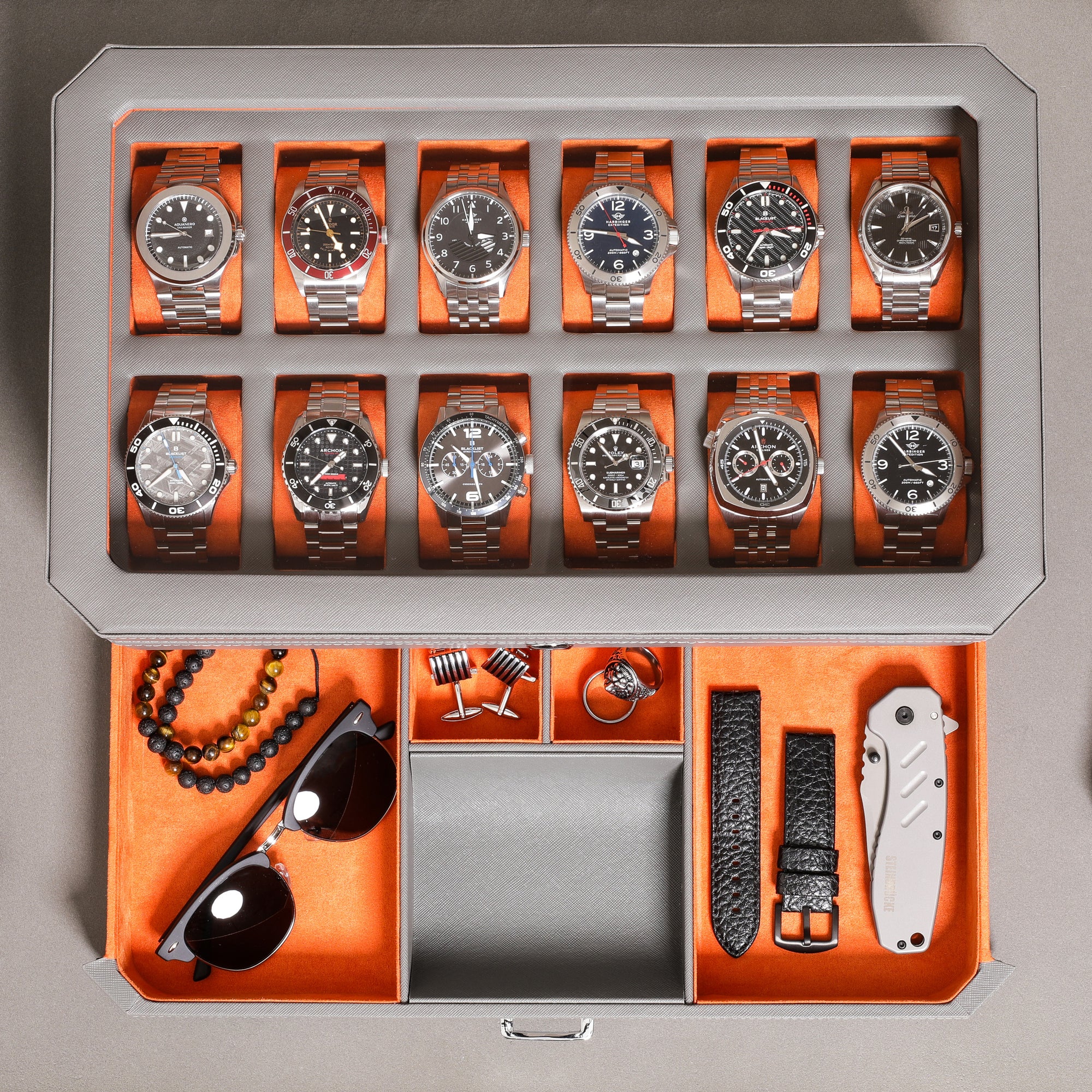 12 Slot Watch Box with Drawer (Grey / Orange)
