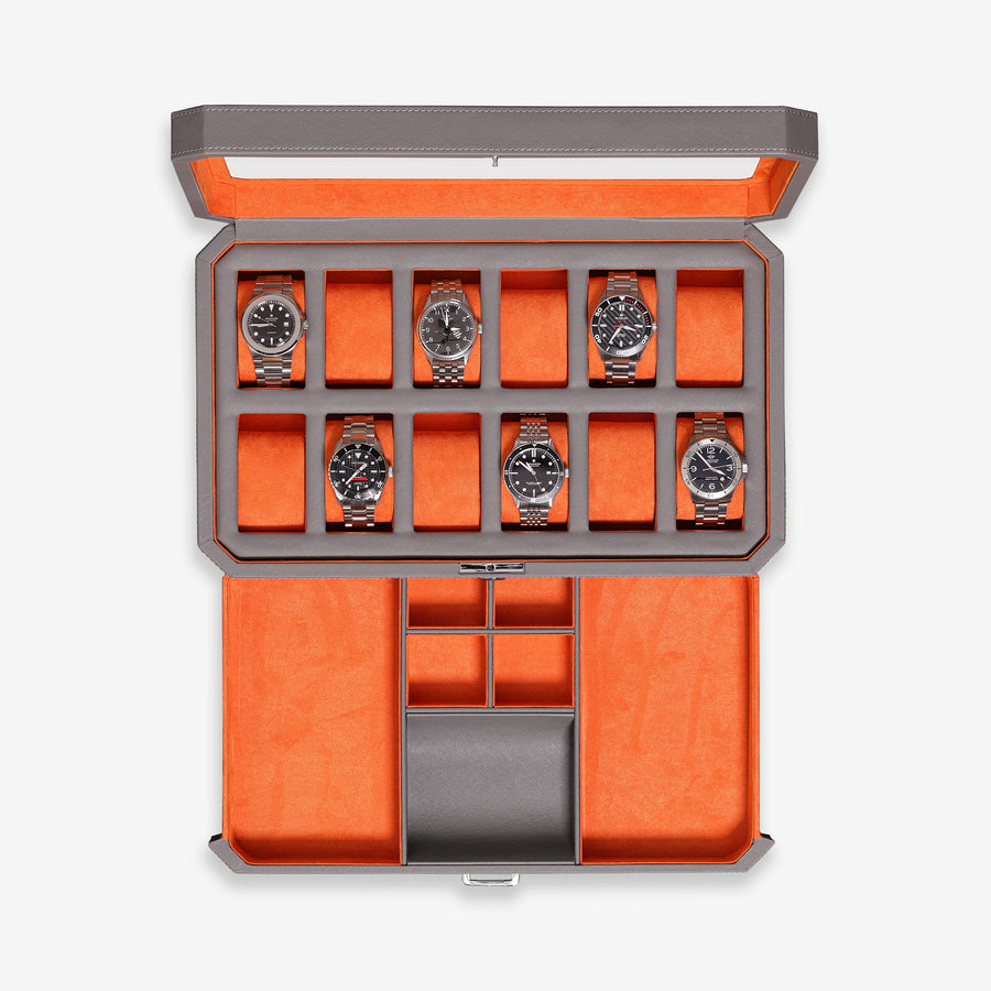 12 Slot Watch Box with Drawer (Grey / Orange)