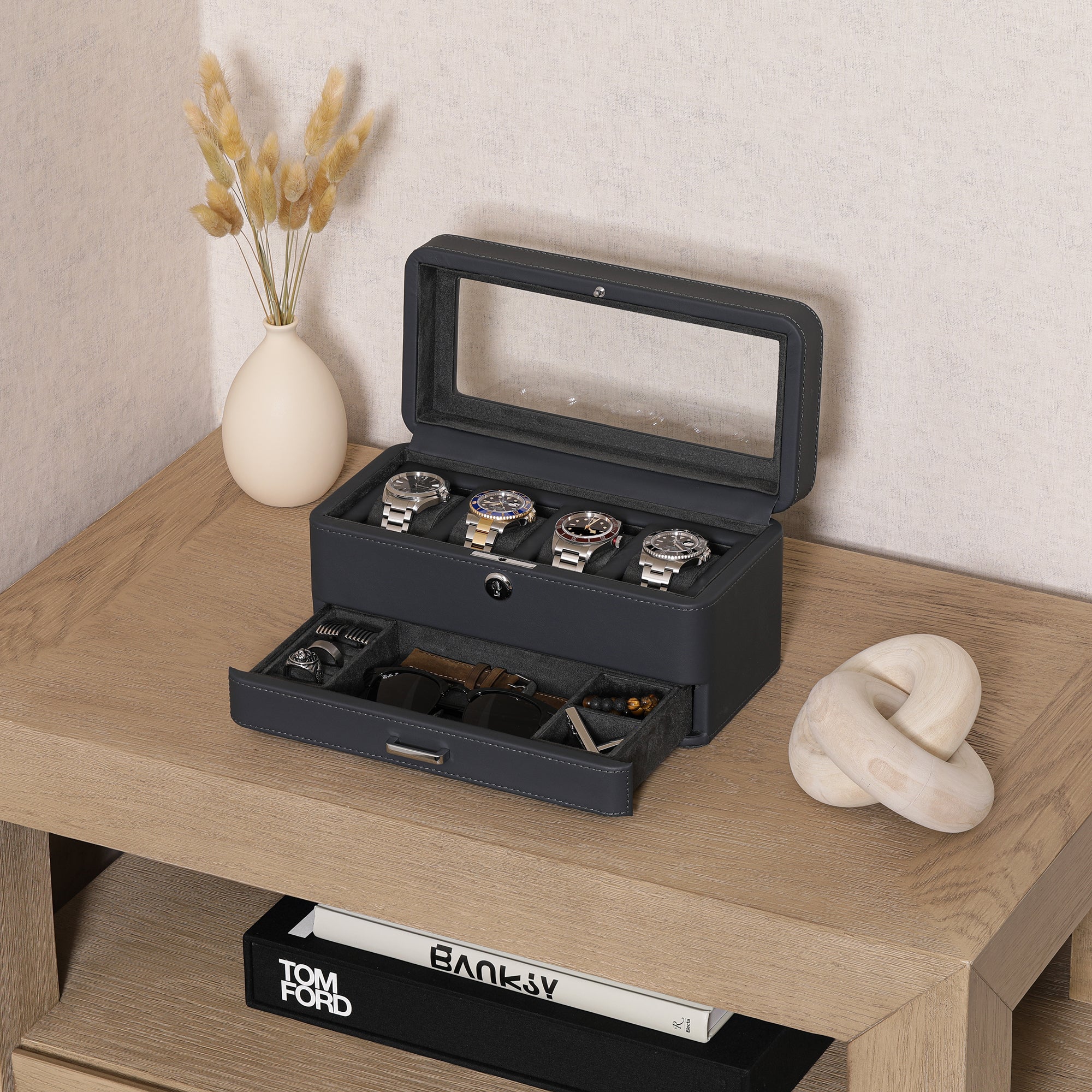 4 Slot Watch Box with Drawer (Carbon)