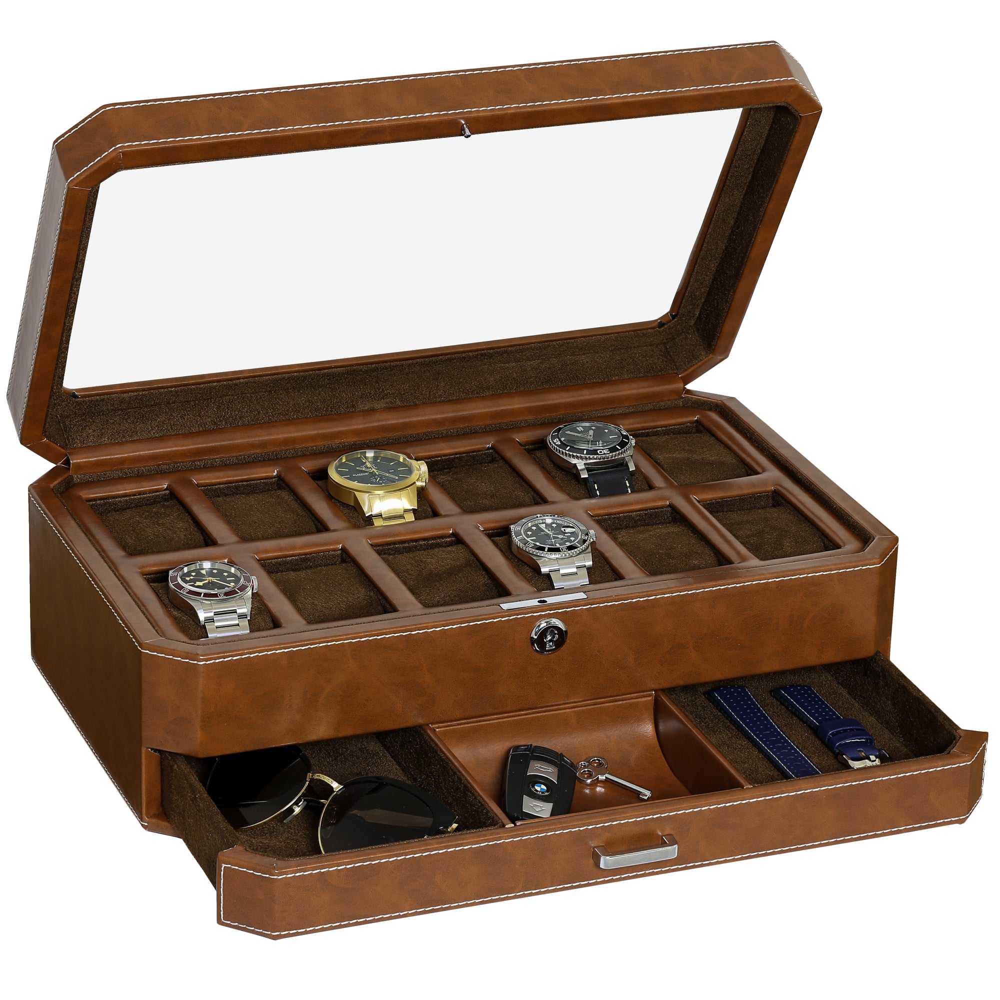 12 Slot Watch Box with Drawer (Tan / Brown)