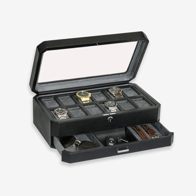 12 Slot Watch Box with valet drawer (Black / Gray)