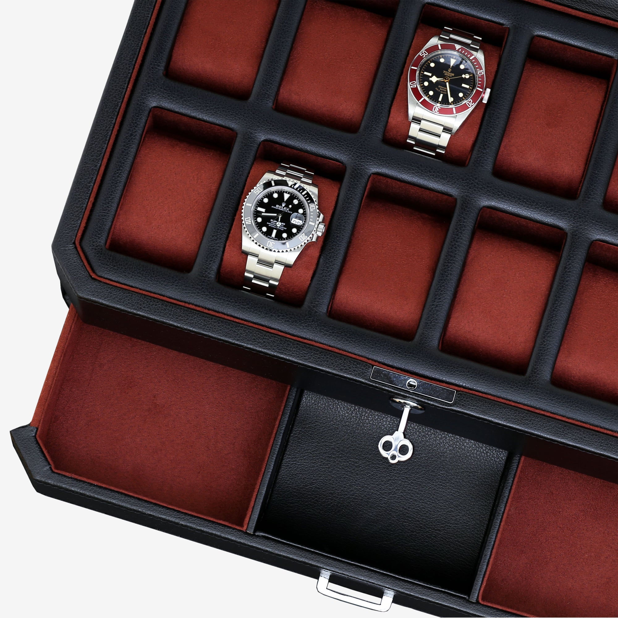 12 Slot Watch Box with Drawer (Black / Red)