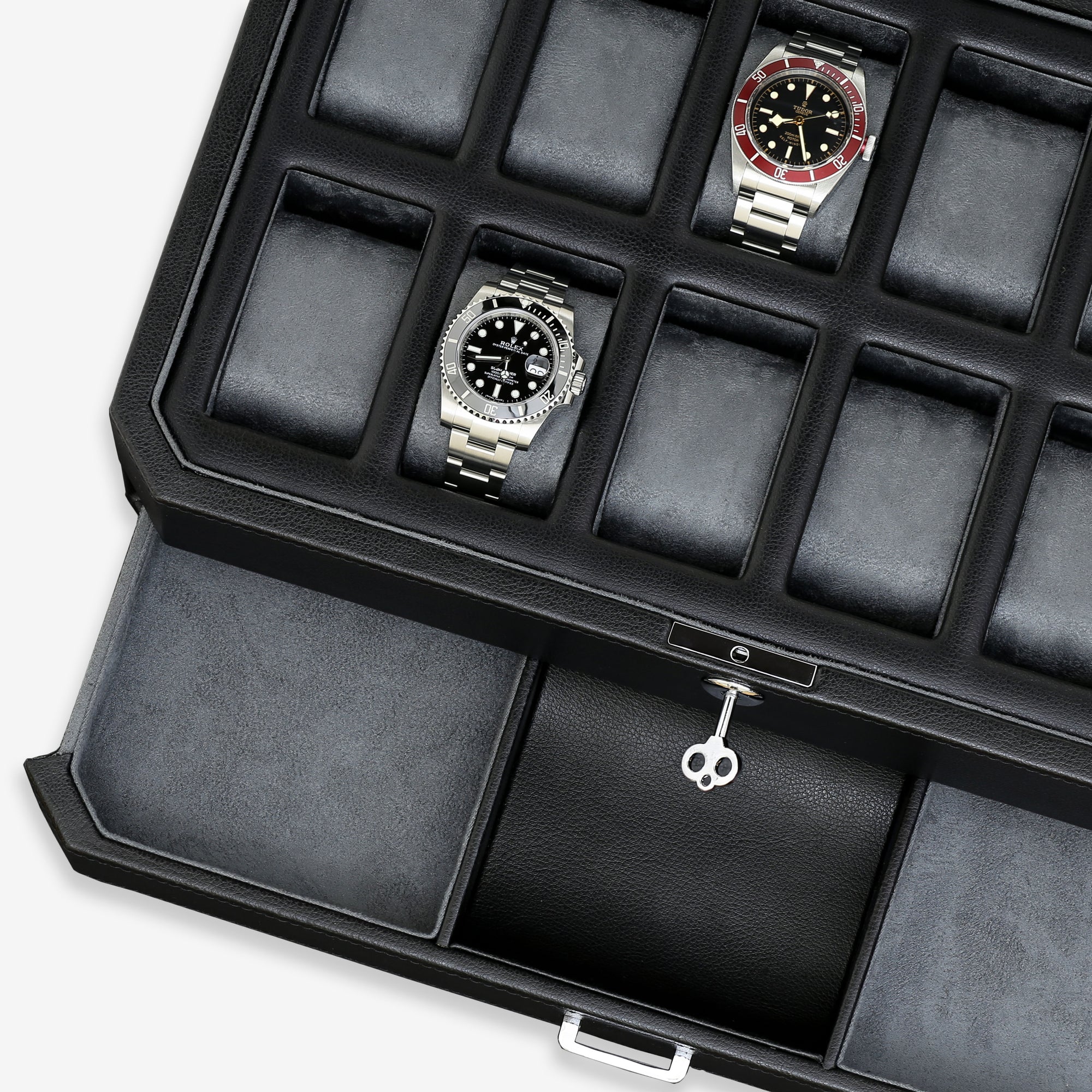 12 Slot Watch Box with valet drawer (Black / Gray)